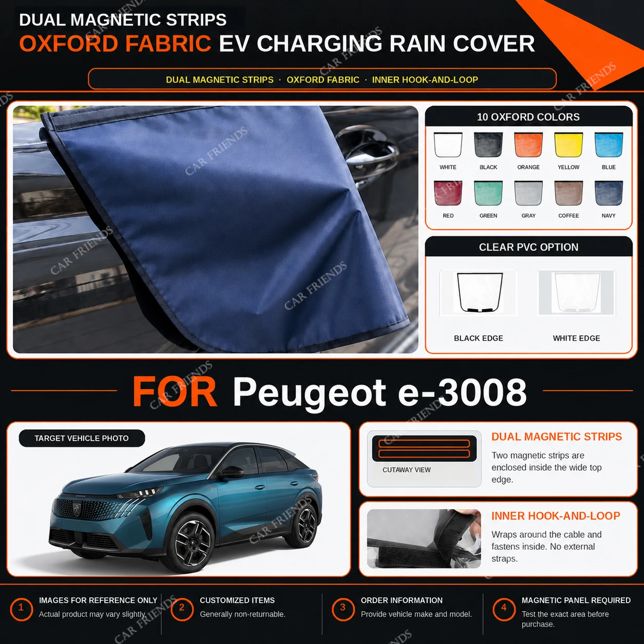 For Peugeot e-3008 Oxford Fabric EV Charging Port Rain Cover with Dual Magnetic Strips Water-Repellent Scratch- and