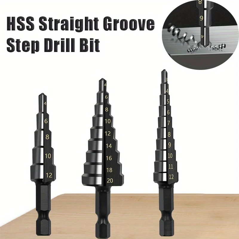 3Pcs HSS Straight Groove Step Drill Bit 3-12mm 4-12mm 4-20mm Nitride Black Hex Wood Metal Hole Cutter Core Drilling Tools Set