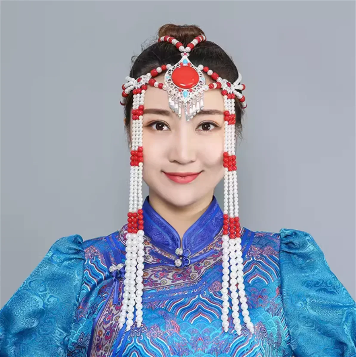 Mongolian Changliu Su Women's Handmade Beaded Hair Accessories for Minority Wedding Headwear