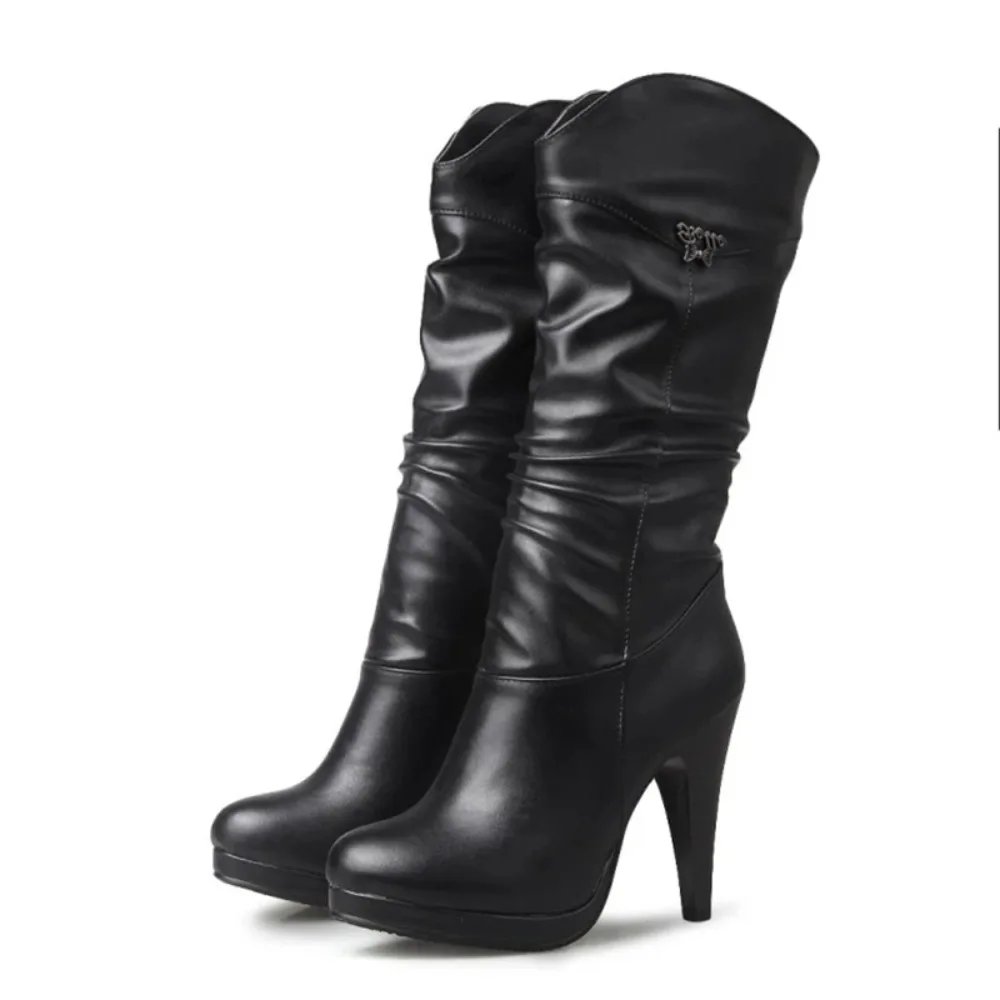 Women Round Toe Stiletto Heel Mid Calf Boots Ruched Platform Fashion Boots Plus Size 32-50 10-5