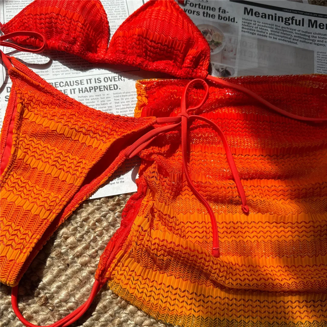 Rosa 3-teiliger Bikini mit Rock, Farbverlauf, Damen-Badebekleidung, Badeanzug, dreiteiliges Bikini-Set, gepolsterter Badeanzug, Badebekleidung, Schwimmbekleidung V6696 – Detail 19