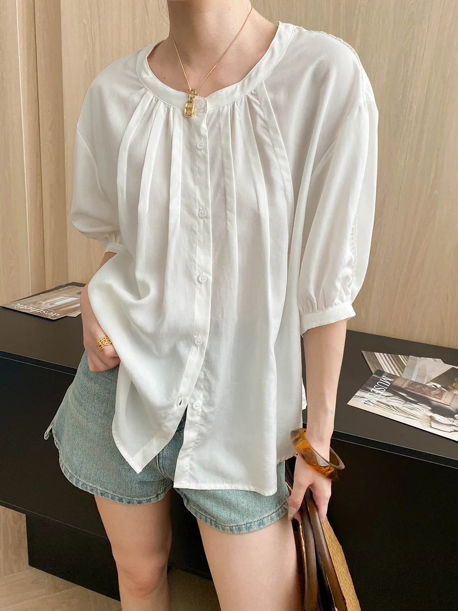 

Summer women's casual solid color round neck short sleeved loose shirt