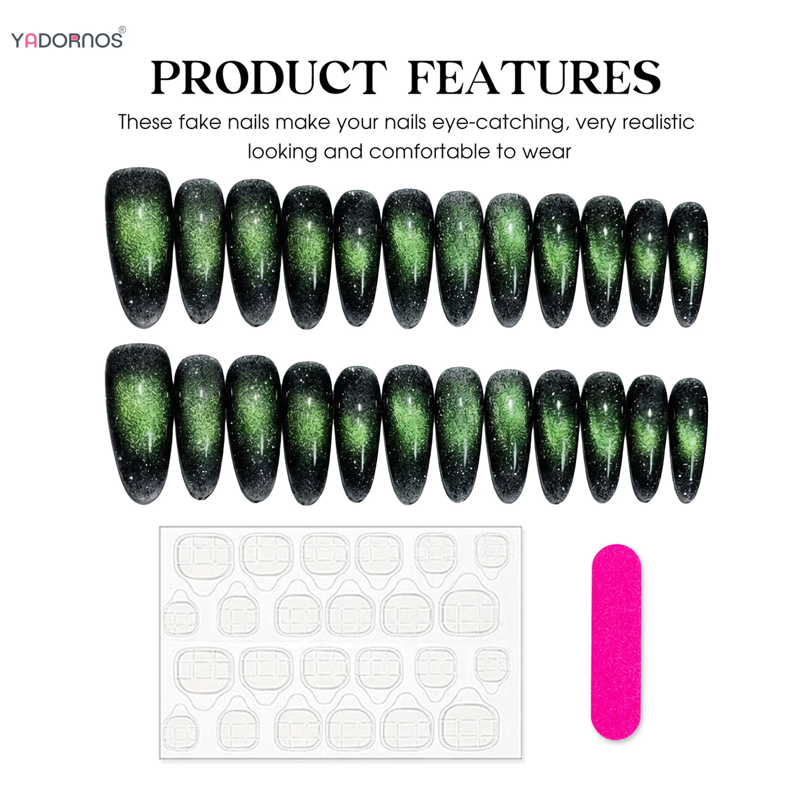 24pcs Green Glass Beads Cat's Eye Press On Nails Shiny Almond Shaped Simple Fake Nails Women Girls Detachable False Nail Patches view 5