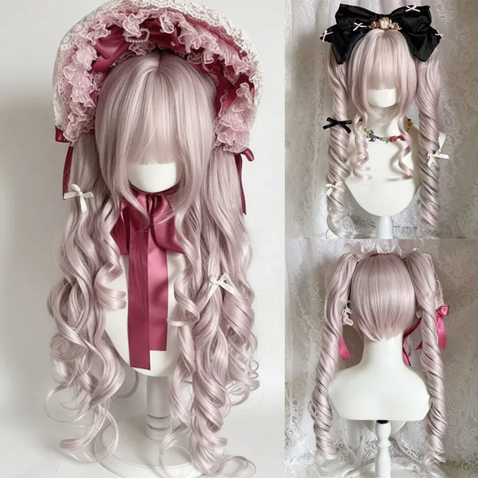 

Roman Curly Synthetic Wig with Bangs Grey PinkLolita Long Curly Hair Anime Bangs Wig for Woman Party Cosplay Wig Heat Resistant
