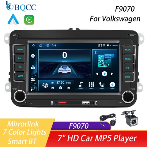 BQCC 7인치 HD 차량용 MP5 플레이어 FM BT 다채로운 조명 RDS 라디오 미러링크 USB 충전 무선 안드로이드 오토/카플레이 (폭스바겐용)
