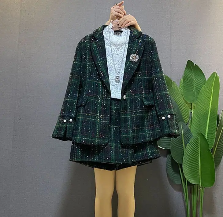 Women Elegant Tweed Short Suit Blazer Jackert Coat Top Pant Two Piece Set Matching Outfit Autumn Winter Office Work Clothing