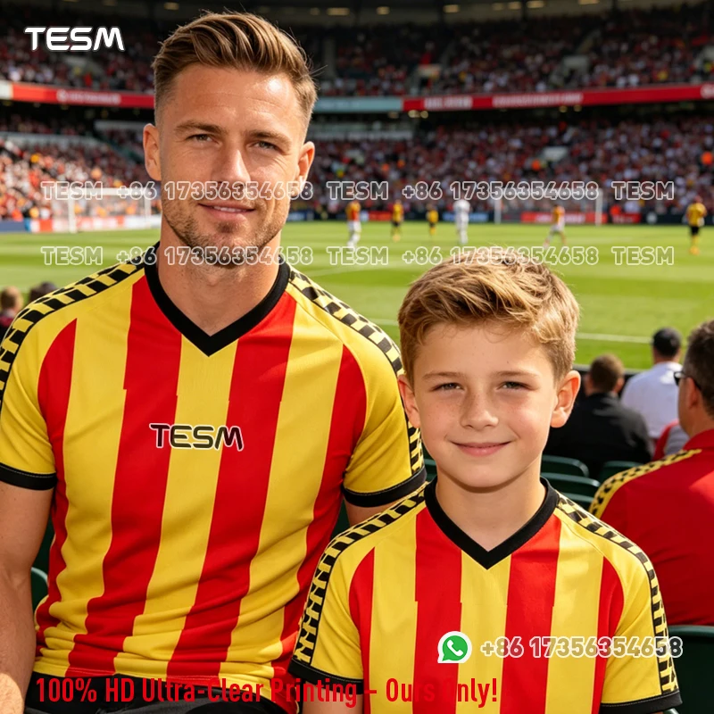 TESM Men Kids Red Yellow Striped Football Jersey Family Matching Sportswear Short Sleeve Soccer Training T-Shirt For Fans