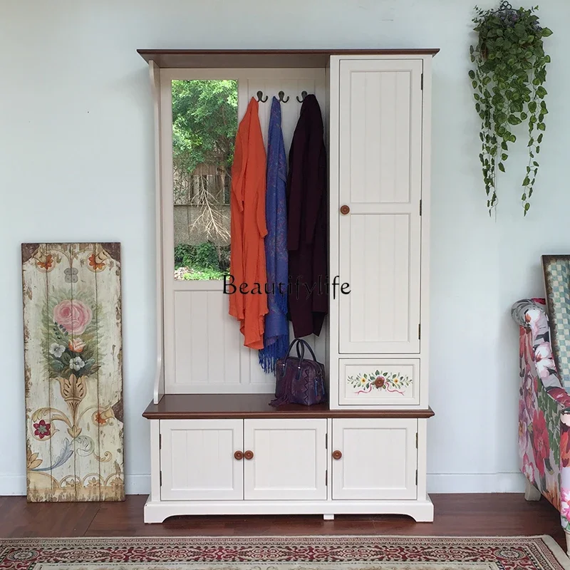 

yj39 American Style Entrance Cabinet Coat and Hat Storage Rack Rustic Antique Furniture Shoe Changing Stool