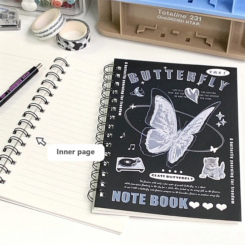 50 fogli A5 Notebook nero semplice Ins Style Retro Cover Coil Lovely Cartoon linea orizzontale Journal Scrapbook forniture per studenti