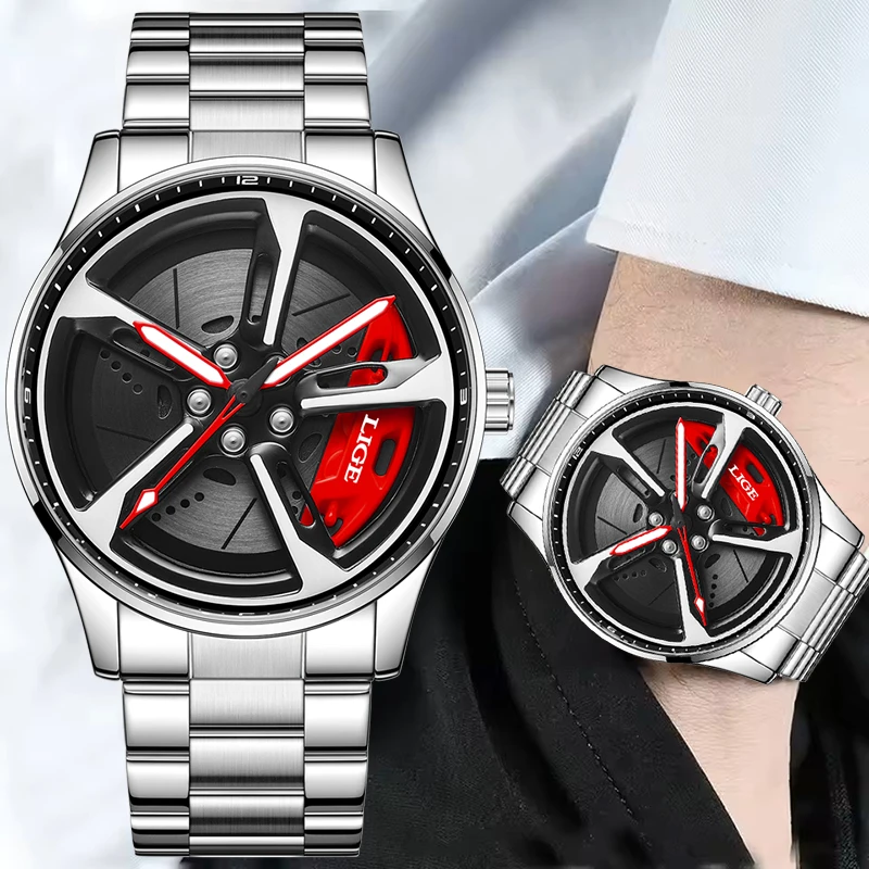 LIGE New Sports Mens Car Wheel Watches Business Waterproof Quartz Watch For Men Stainless Steel Hub Wheel Dial Design Watch Men