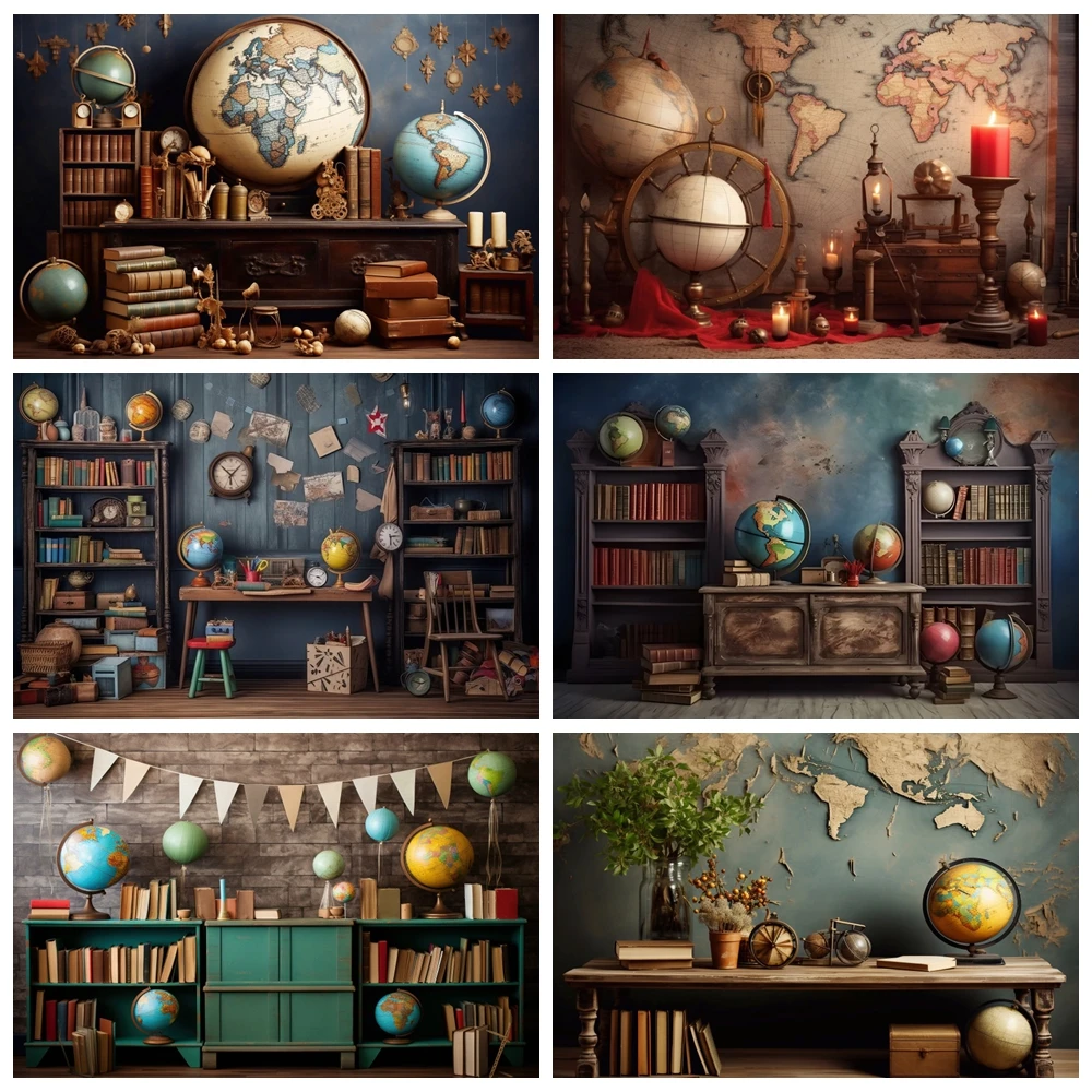 

Retro Bookshelf Globe Backdrop Books Desk Vintage Wall Back to School Baby Portrait Birthday Party Photography Background Decor