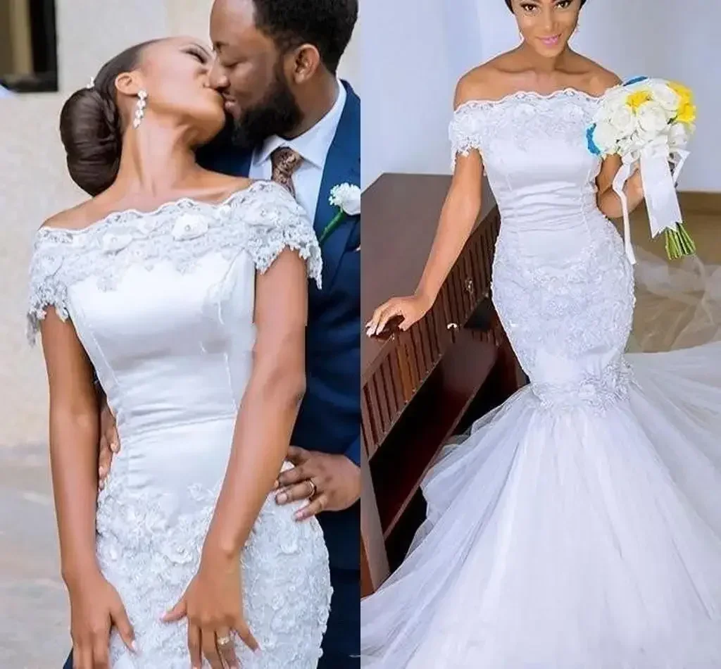 تخصيص قبالة الكتف حورية البحر زي العرائس Vestidos De Noiva حجم كبير الدانتيل يزين رداء الزواج للنساء #1