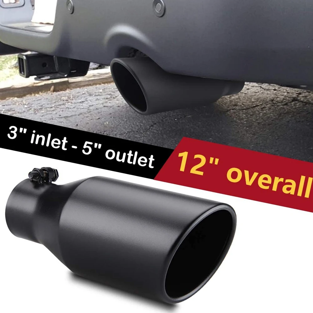 Exhaust Tip 3 Inch Inlet 5 Inch Outlet 12 Inch Overall Length Bolt on Stainless Steel Black Exhaust Tailpipe