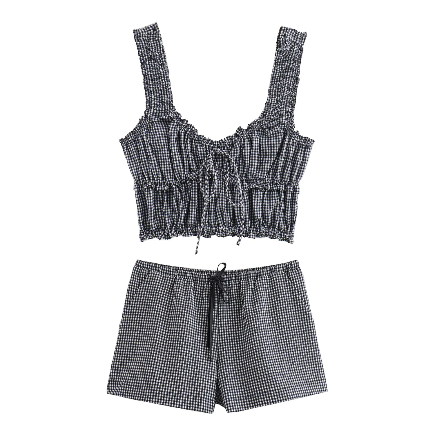 Women's 2-piece Suit 2024 New Fashion Bow Plaid Blouse Retro Sleeveless Blouse+elastic Waist Shorts Suit