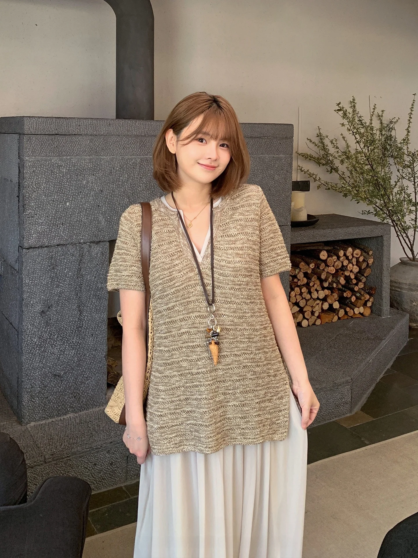 

Large Size Women's V-neck Knitted Dress Casual Loose Fit Cotton Blend A-line Skirt Style New Arrival Summer Dress