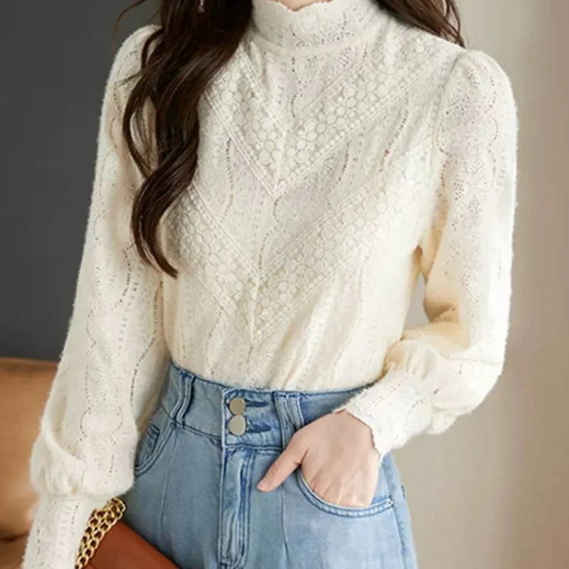 

Half High Collar Lace Hollow Out 2025 Women's Spring Autumn New Splicing Fashion Solid Loose Versatile Casual Long Sleeve Top