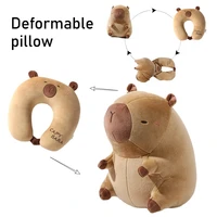 Almohada de felpa portátil en forma de U de capibara de dibujos animados, almohada de apoyo para el cuello de viaje 2 en 1, bonita almohada de felpa, cojines para sillas de oficina