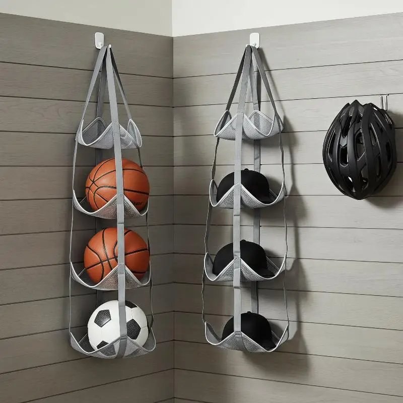 3/4 Tiers Hanging Sports Ball Storage Organizer Mesh Basket For Basketball Volleyball Football Helmet Door Wall Mount Holder