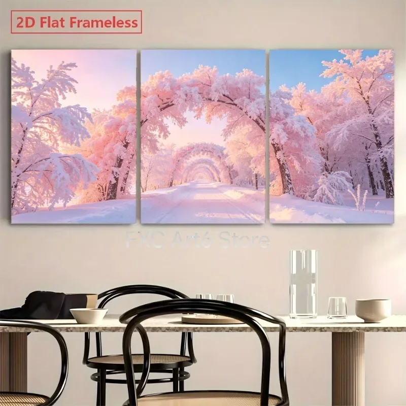 2D Flat 3pcs frameless ,  Modern Minimalist Pastel Pink Snowy Forest Wall Art Triptych - Soft Winter Landscape Suitable for Livi