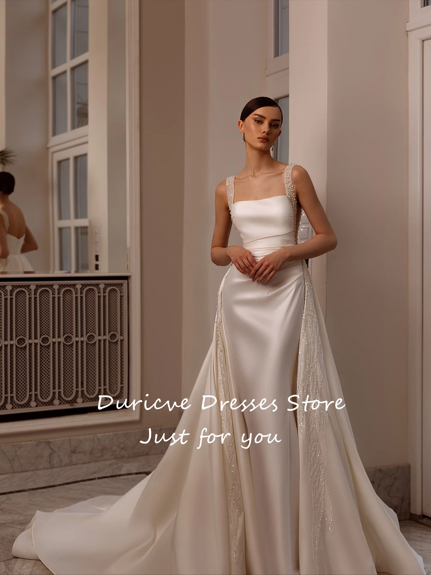 Duricve Customized Vestido De Noiva Luxury Satin Mermaid Wedding Dresses with Removable Train Pearls Beading Bridal Gown 2027