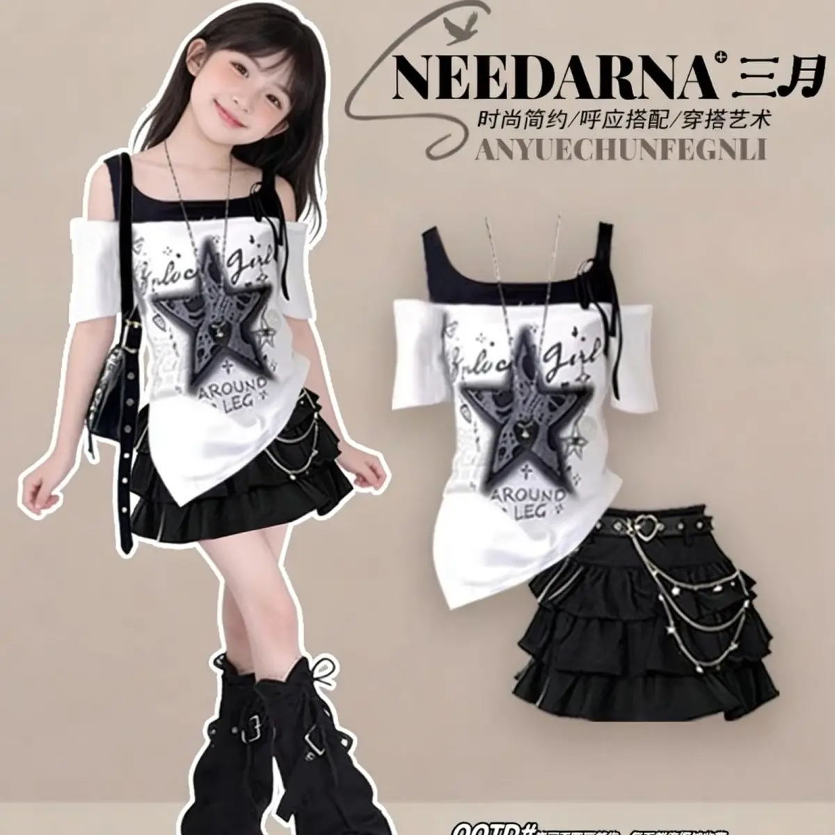 Girls 2-Piece Y2K Outfit Star Print Off-Shoulder Top+Layered Skirt with Chain Fashionable and Comfortable Goth Style Set for Kid