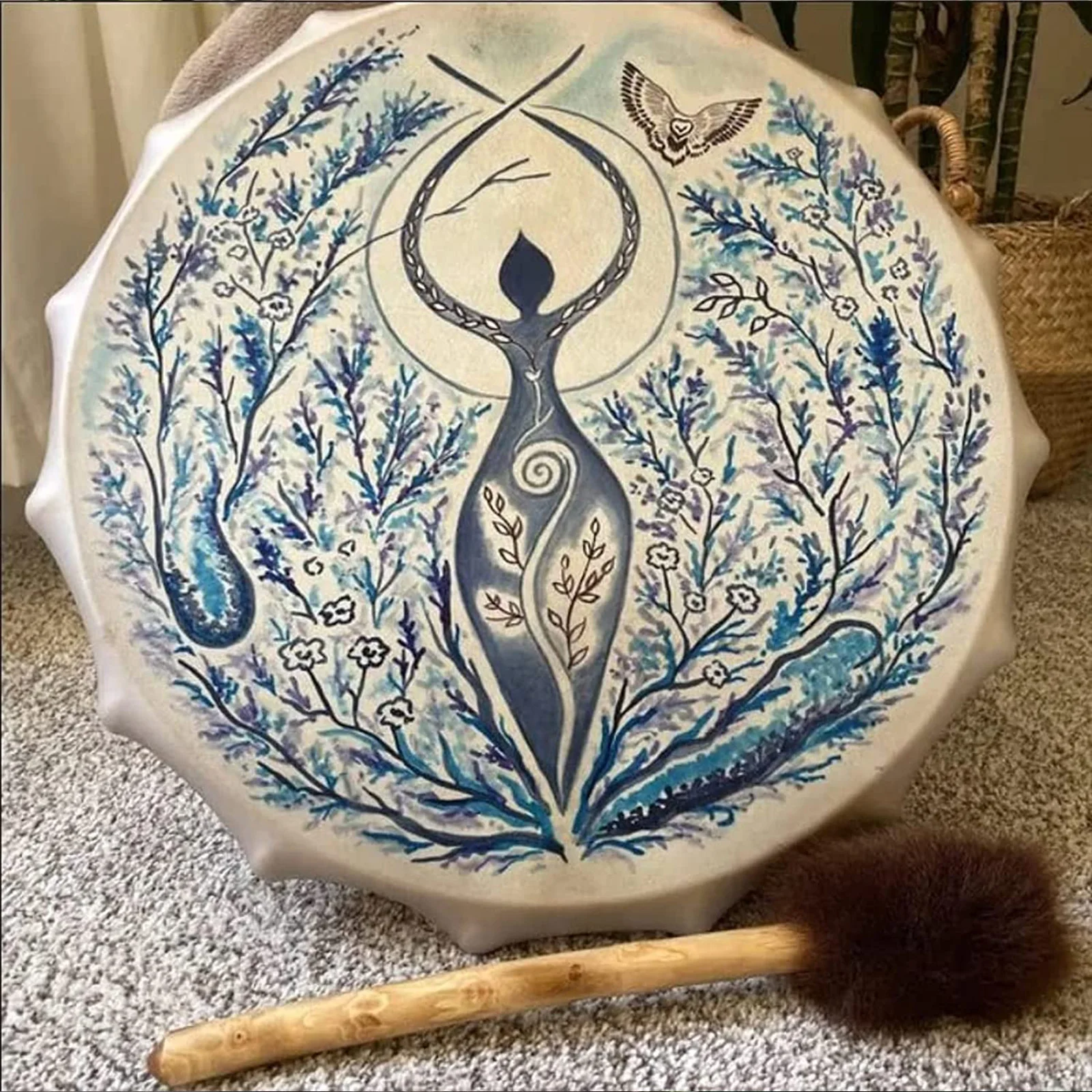 Vintage Vegan Shaman Drum Tree Of Life Siberian Drum Drum Hammer Home Decor Musici Party Sound Healing Tool Handcrafted Ornament