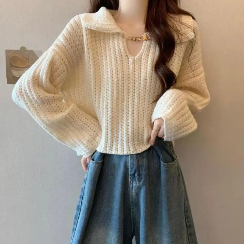 Sweet and Lovely Women's Doll Collar Short Sweater Autumn and Winter New Loose Knit Sweater Tops Korean Fashion Versatile Soft