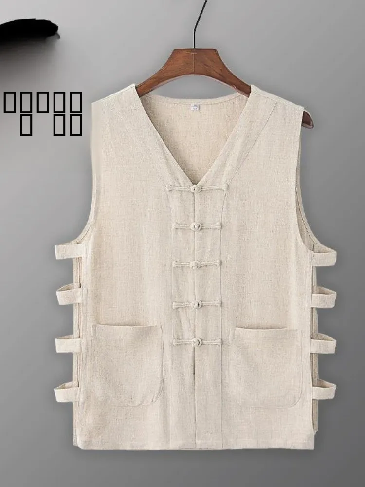 

Casual Cotton Linen Vest Men's Summer Top No-Sve Button-Up Retro Chinese Sle Gown V-Ne Loose Fit for Middle-Aged