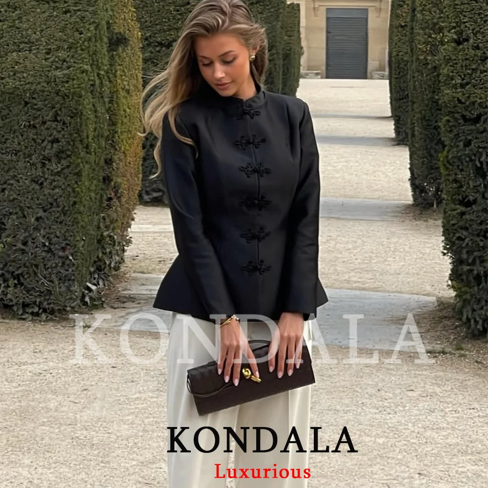 KONDALA Vintage Chic Women Blazer Black Solid Stand Collar Button Long Sleeve Straight Blazer Fashion 2026 Spring Summer Outwear