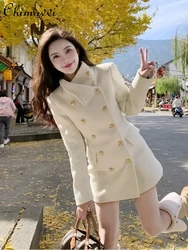 High-end Classic Fashion White Woolen Coat Women Autumn and Winter New Slim Elegant Long Sleeves Mid-length Black Woolen Coats