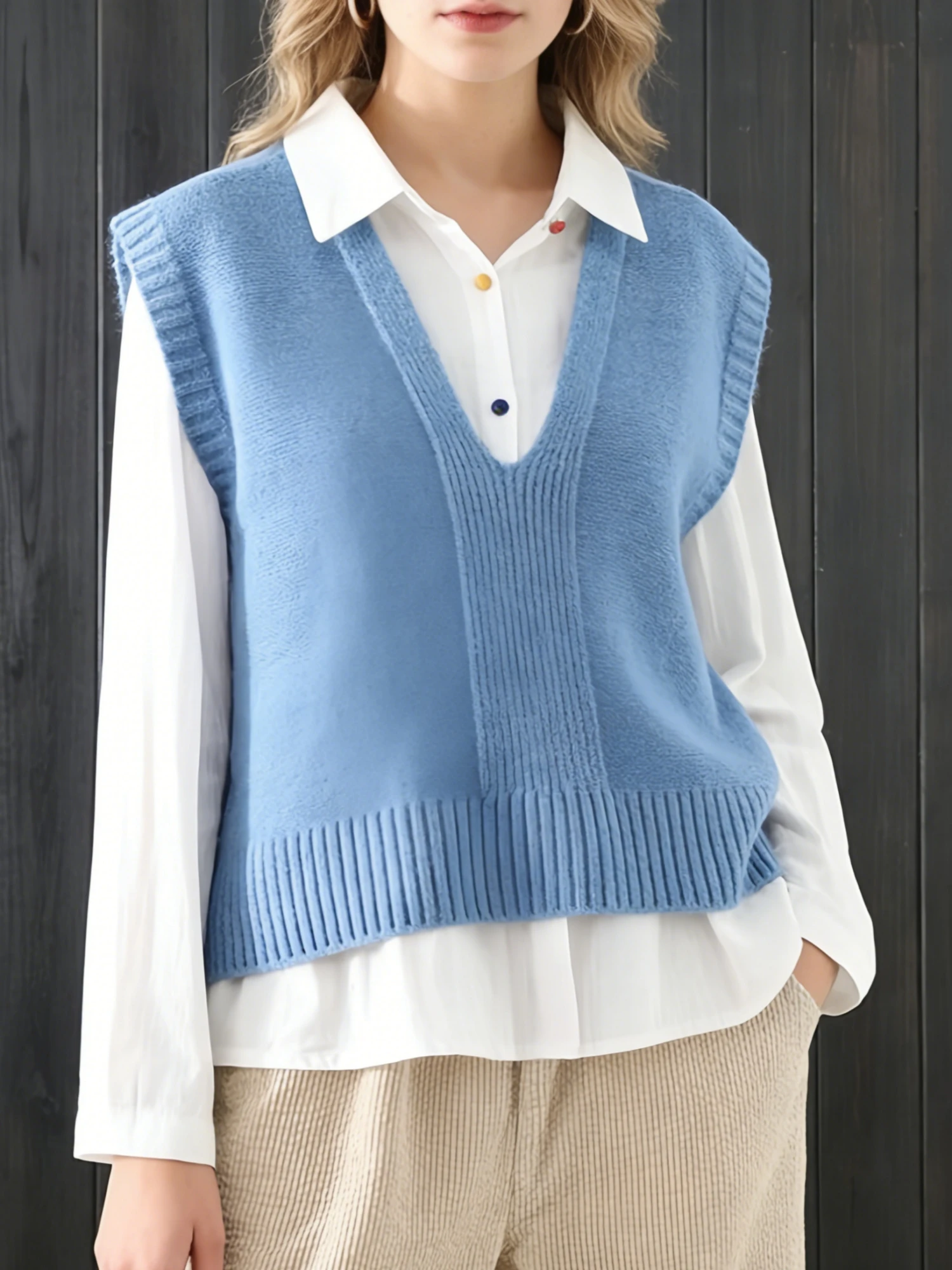 

Plus size trendy spring/summer solid color V-neck knitted vest, simple, youthful and elegant style
