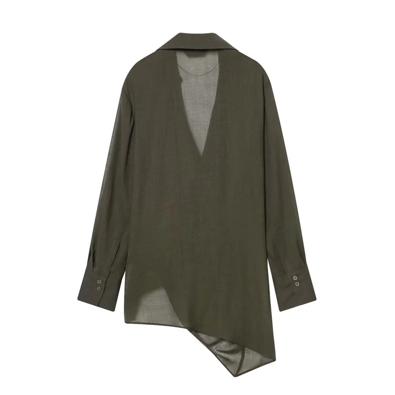 بلوزة نسائية جديدة لخريف 2025 غير رسمية متعددة الاستخدامات مزدوجة الصدر غير متماثلة ثنيات بلون سادة ، أوروبية وأمريكية