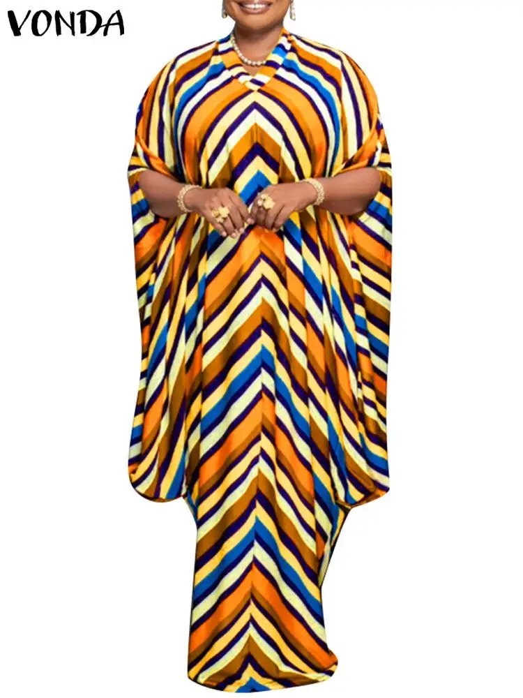 Plus Size 5xl Vonda Zomer Bohemian Maxi Jurk Vrouwen Vintage Gestreepte Print Lange Zonnejurk Korte Vleermuis Mouw Casual Losse Vestido