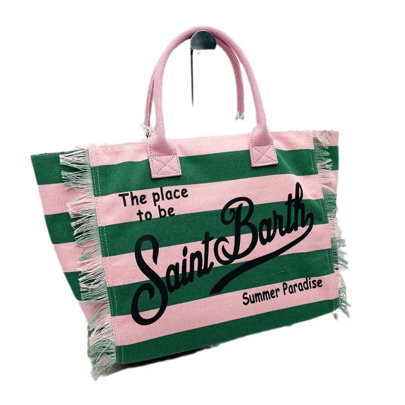 St. Barts' New European and American Women's Large-capacity Leisure Travel Striped Check Handmade Tassel Handbag Tote