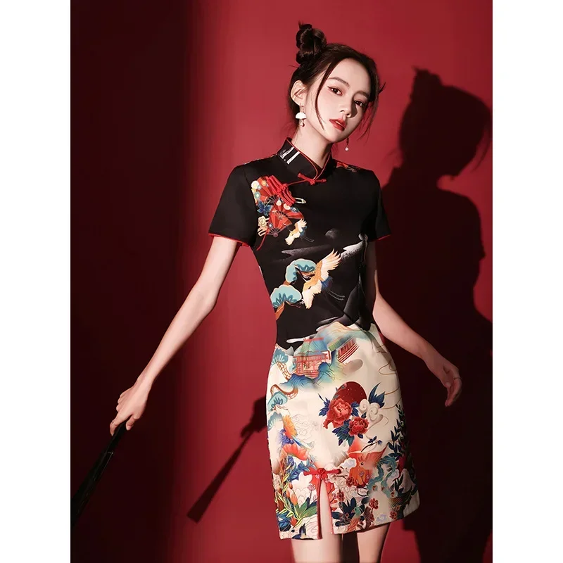 Elegant Women Cheongsam Sexy Short Chinese Dress Vestidos Girl's Improved Black Hot Street Qipao Print Ancient Palaces Cranes