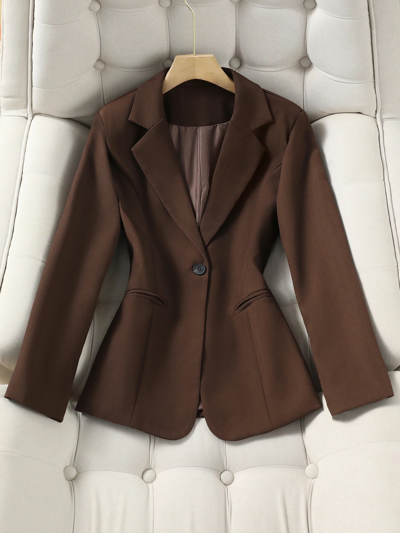 Elegant Brown Blazer for Women Single Button Slim Fit Business Commuter Suit Jacket Korean Fashion OL Style New Spring/Autumn