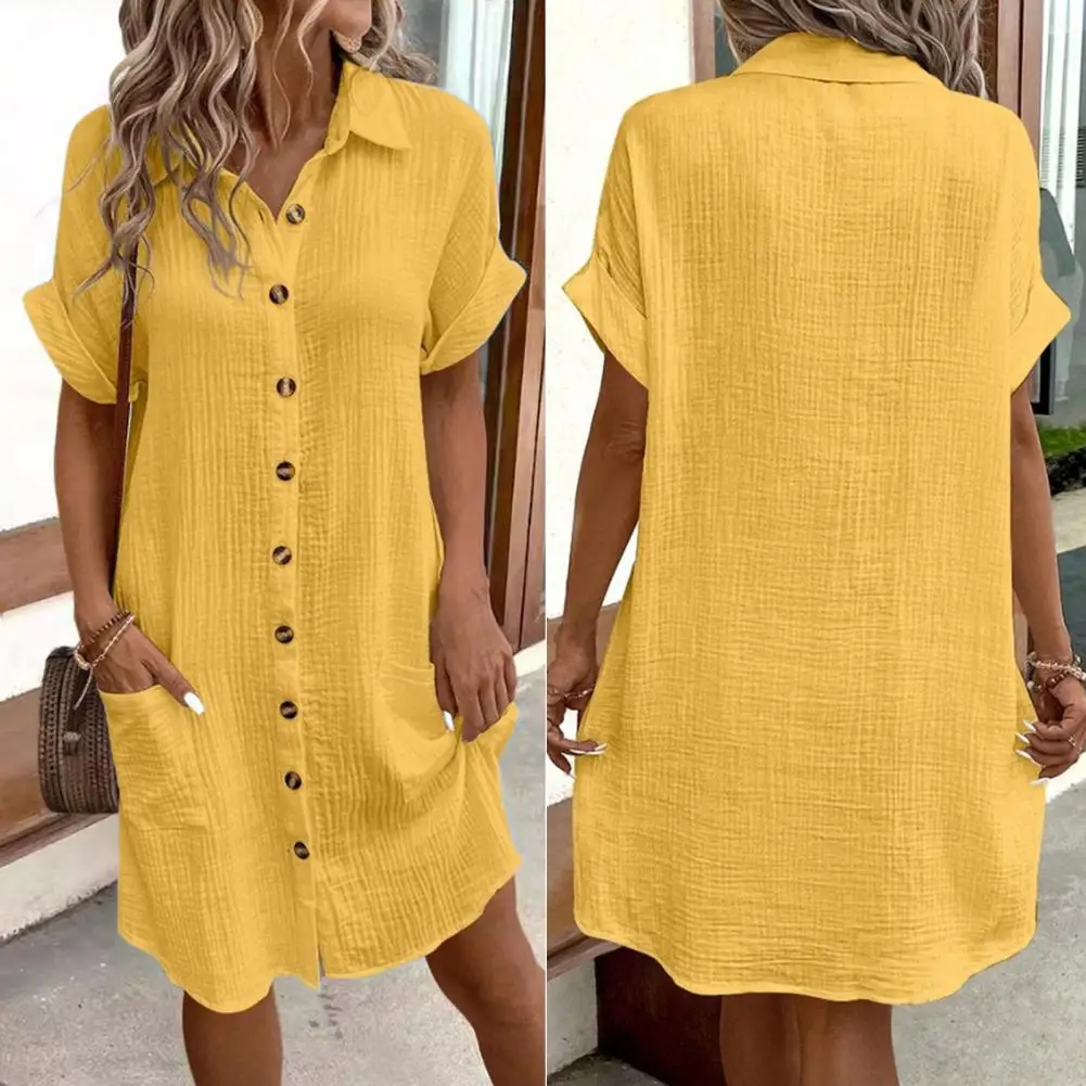 

Mid-length Dress Versatile Knee-length Midi Dress Stylish Turn-down Collar Loose Fit Convenient Patch Pockets for Summer Women's