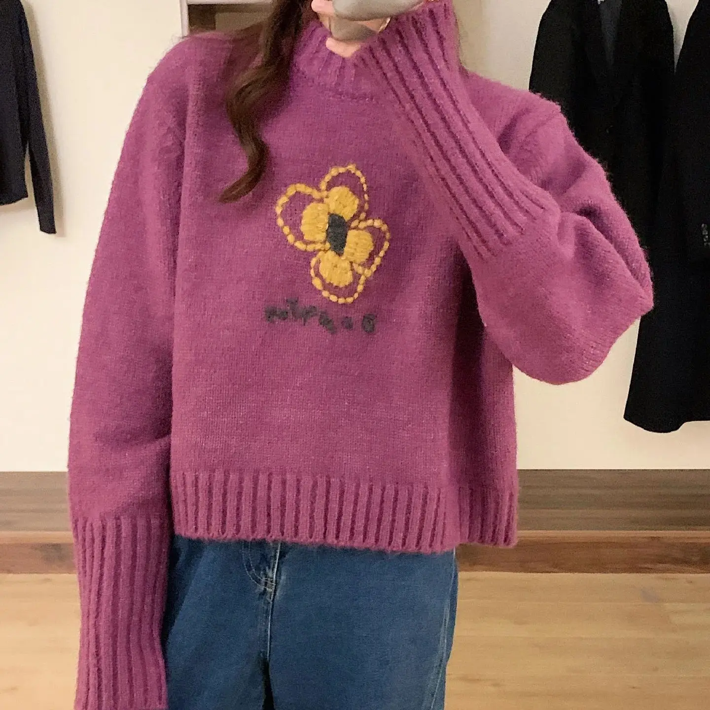 

Hsa New Fashion Korean Style Floral Sweater Winter Fall Loose Style Simple Half High Neck Pullover Flower Embroidery Knit Top