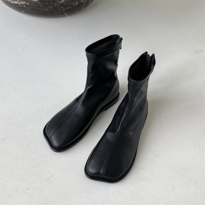 

Autumn ladies Soft Leather Boots Square zipper antislip shoe Fashion simple versatile short boot Comfort casual women shoes