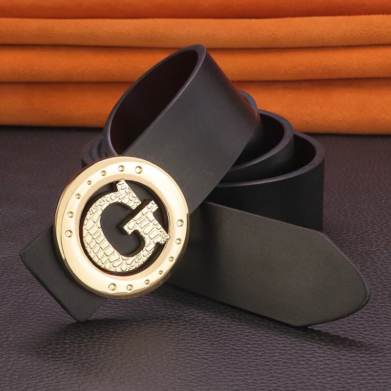 G レターバックルメンズベルト幅 3.8 センチメートル本革黒色ゴールデンウエストストラップ男性牛革