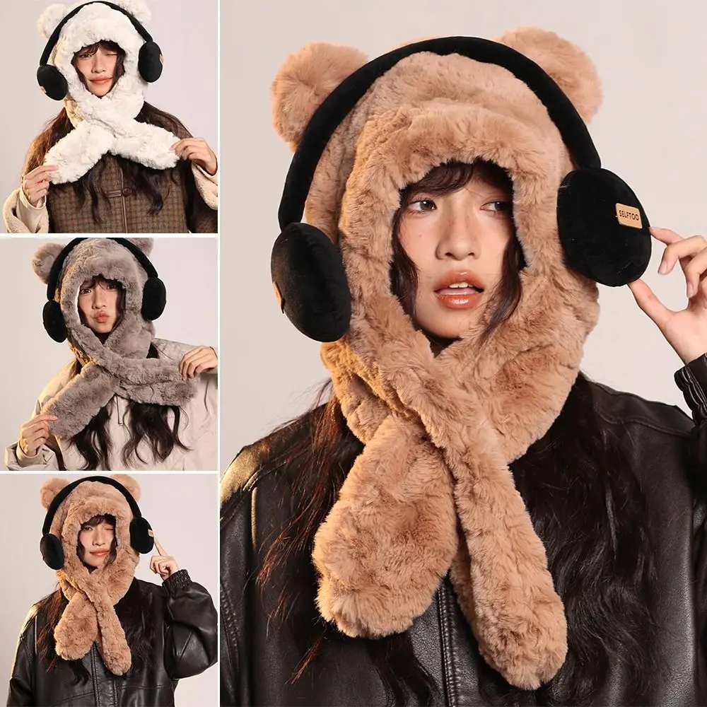 

New Design Casual Earphones Bear Hat Portable Solid Color Beret Cap Warm Plush Ear Protection Balaclava Cap Travel