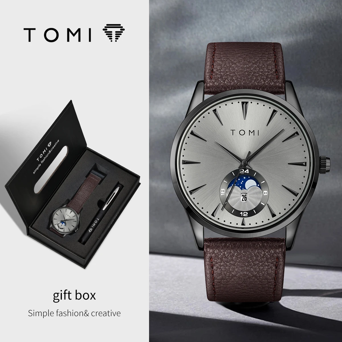 TOMI 2Pcs Men's Watch Gift Set with Pen Luxury Business Calendar Quartz Watch Suitable for Men's Birthday or Holiday Gift