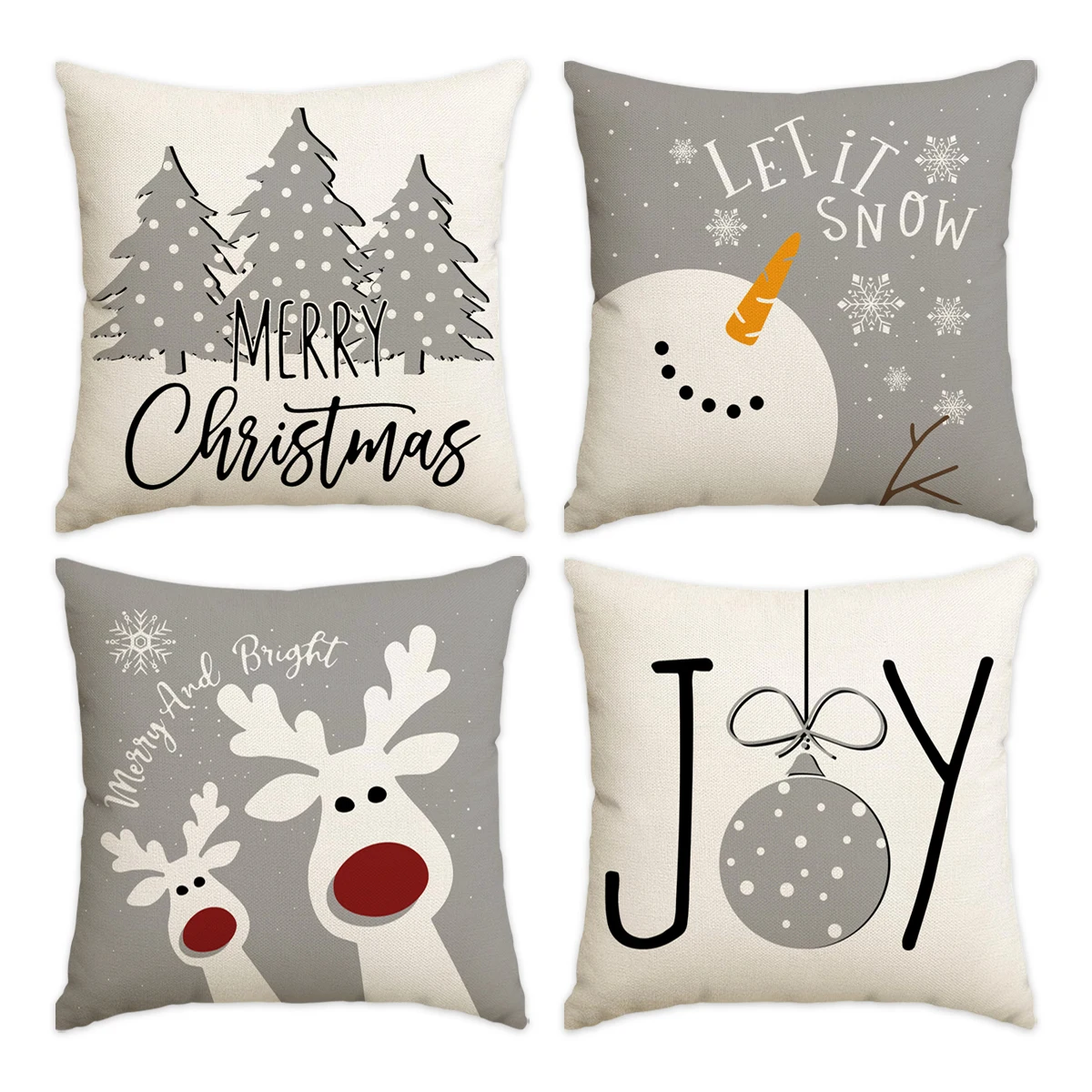 1/4 Stück grauer Weihnachtskissenbezug Rentier Weihnachtskugel Weihnachtsbaum Schneemann bedruckter Kissenbezug, Weihnachtsdekoration