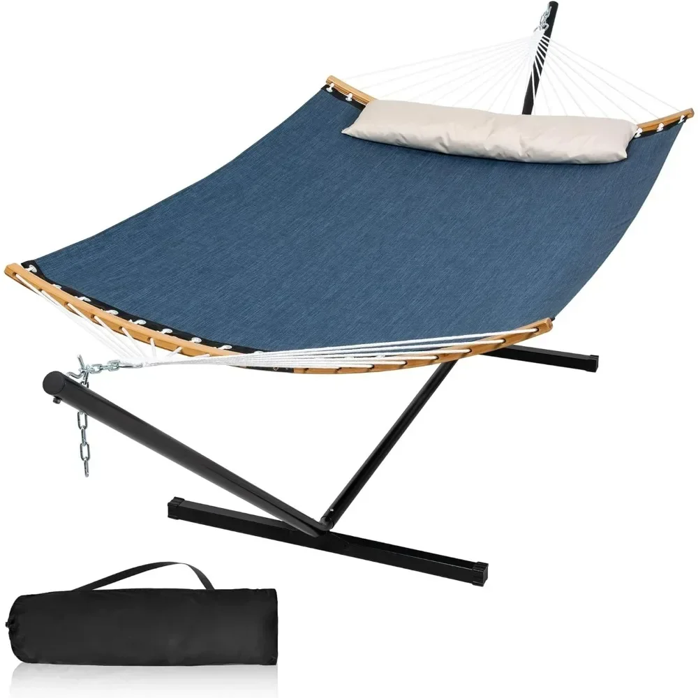 2 Person Hammock with Stand Included, Quick Dry Hammock with Curved Spreader Bars for Outside, Poolside, 450 Lbs Capacity, Dark