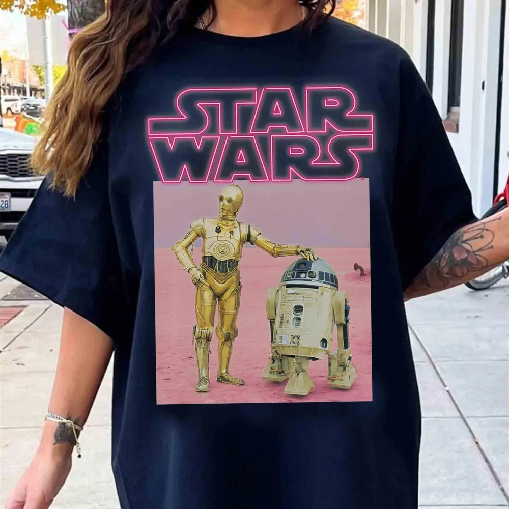 Divertido star wars robô R2-D2 C-3PO rosa néon título retrato camiseta toda a temporada puro algodão unisex casal camada base camisa