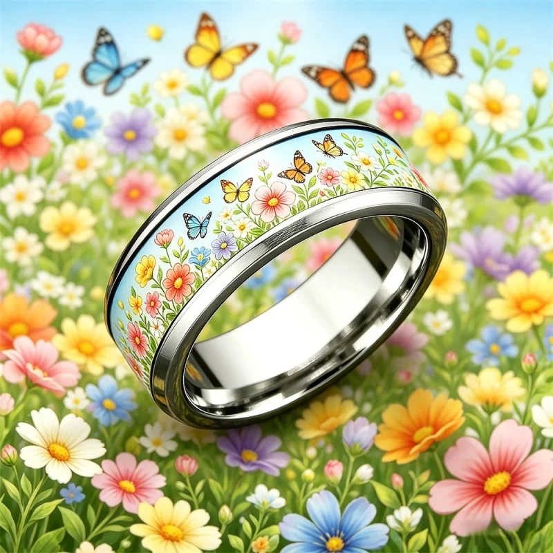 Huitan Colorful Wildflower Butterfly Print Sticker Stainless Steel Ring for Women Spring Holiday Party Gentle Accessories Gift