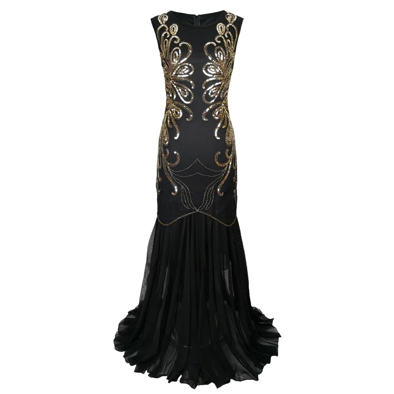 Women Vintage 1920s Great Gatsby Dress 20s Flapper Party Formal Dress Sexy O-Neck Sleeveless Beaded Sequin Mesh Mermaid Dress