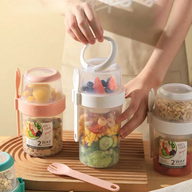 Salad Cup Double Deck Leakproof PP Material 2 Way Container with Fork Built in Dressing Box for School Office Travel Salad Cup