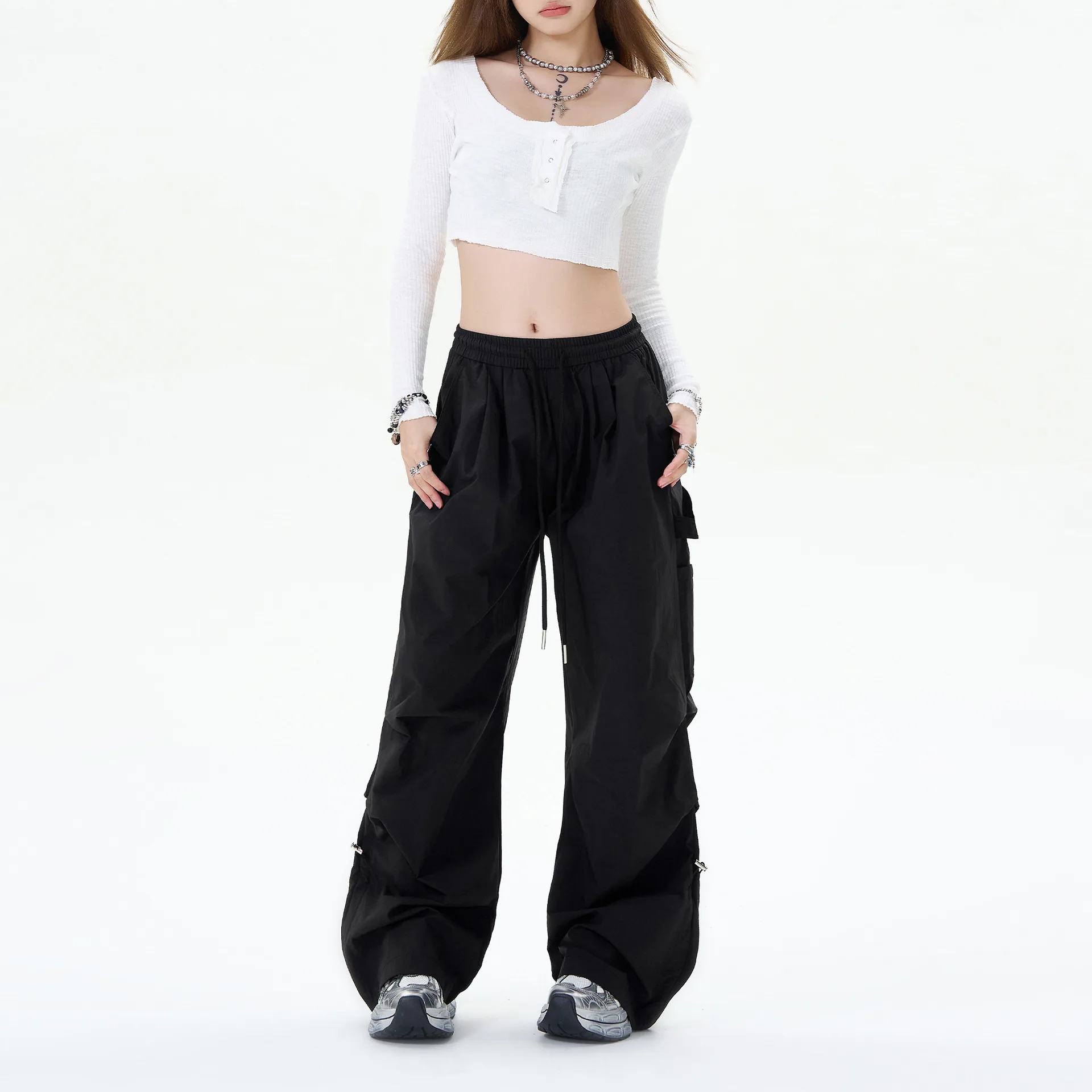OR FL Women's American Baggy Wide Leg Pink Cargo Trousers Trendy Brand Pull Rope Tuck in Your Waist Outdoor Paratrooper Pants