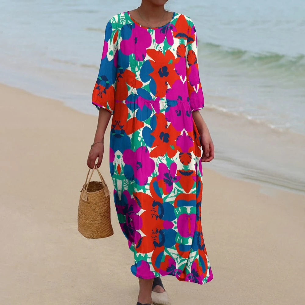 Robe à manches mi-longues à imprimé floral rouge pour femmes, rétro, élégant, décontracté, plage, vacances, vêtements Traf